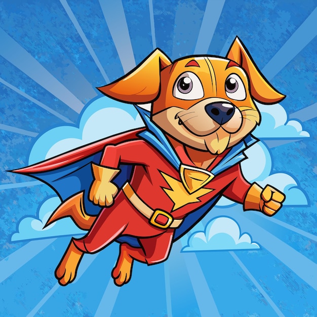ベクトル 赤いケープを着た漫画の犬が空を飛ぶ