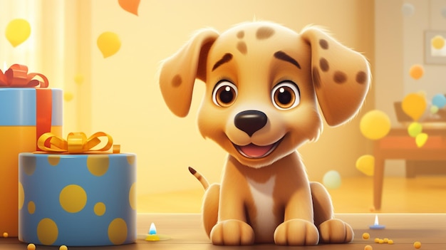 Вектор Мультфильмная собака с подарочной коробкой и коробкой золотых монет