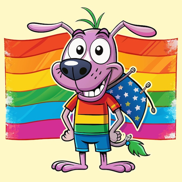 Вектор Мультфильмная собака с радужным флагом и радужным флагом