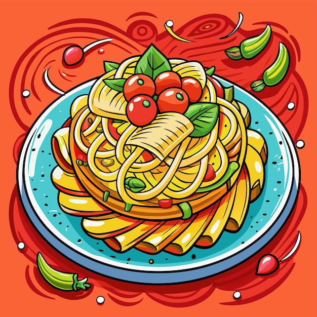 ベクトル トマトとキュウリのスパゲッティの漫画画