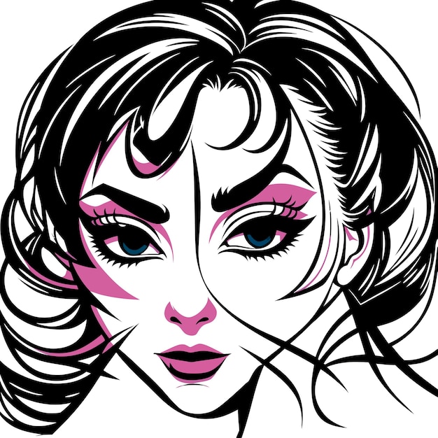 ベクトル 黒髪とピンクの目をした女性の漫画の絵。