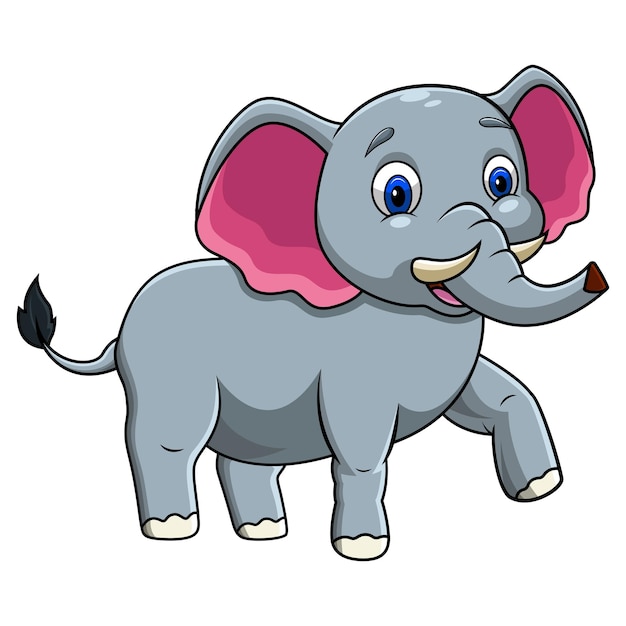Вектор Мультяшный слон с розовыми ушами стоит на белом фоне.
