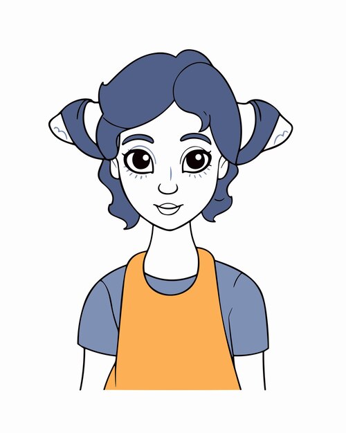 Мультяшная девушка с коровьими ушами с синими волосами и оранжевым фартуком