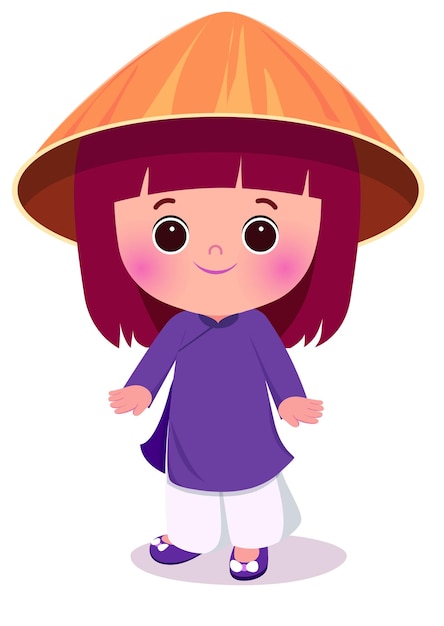 벡터 보라색 셔츠와 모자를 쓴 만화 소녀.