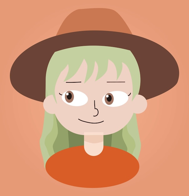 Вектор Мультяшная девушка с зелеными волосами и шляпой на голове
