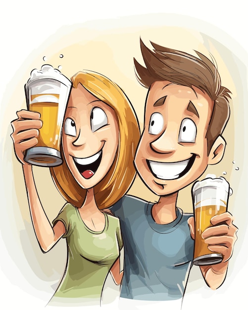 Мультяшная счастливая пара пьет пиво