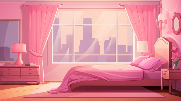 벡터 분홍색 침대와 분홍색 커튼이 있는 창문이 있는 침실의 만화 일러스트레이션