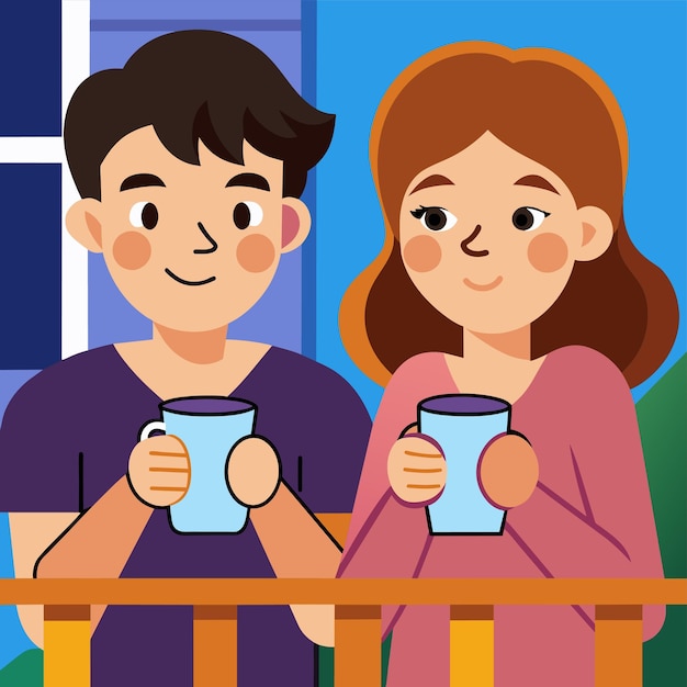 Вектор Мультфильм с мальчиком и девочкой, держащими чашки