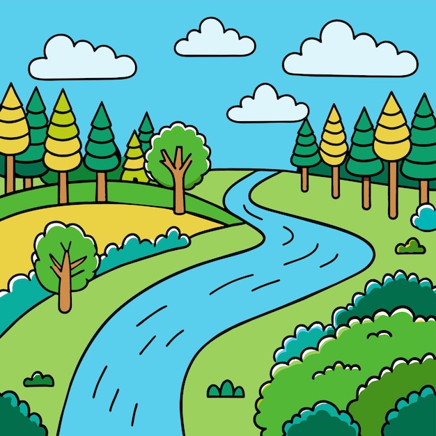 Вектор Мультфильмная иллюстрация реки с деревьями и облаками