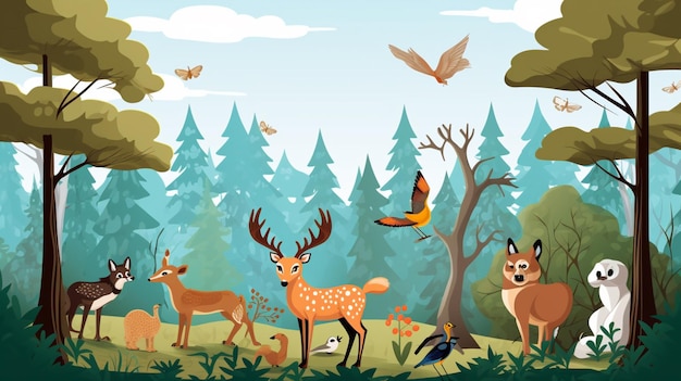 ベクトル 森の鹿と鳥の漫画のイラスト