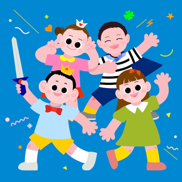 ベクトル 4 人の子供の漫画イラスト