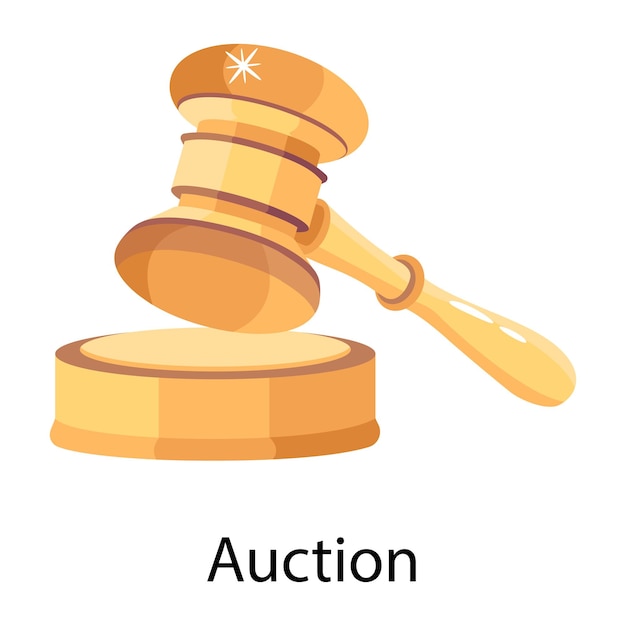 Вектор Мультяшное изображение судейского молотка со словом «аукцион».