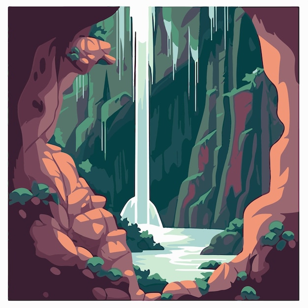 ベクトル 緑の背景に渓谷の滝の漫画の画像。