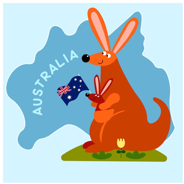 Вектор Мультяшный кенгуру держит флаг с надписью австралия.