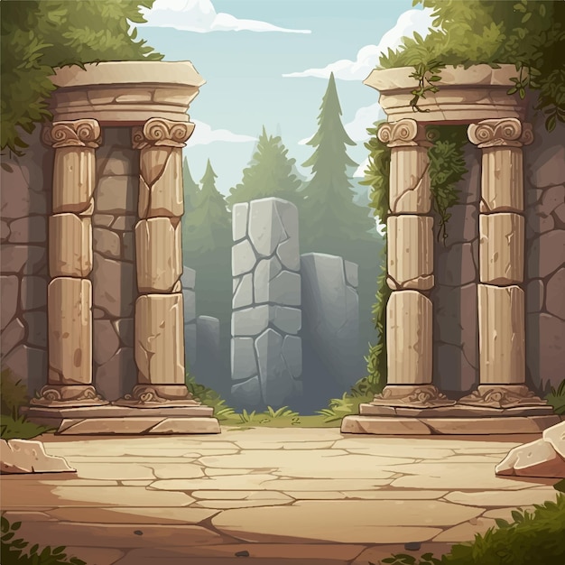 ベクトル 石のある漫画の風景は、柱と柱のゲームの背景を持つ古代寺院を遺跡します