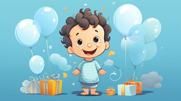 Вектор Мультфильм с ребенком с воздушными шарами и подарком