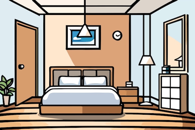 Вектор Мультфильм спальни с кроватью, лампой и часами на стене.