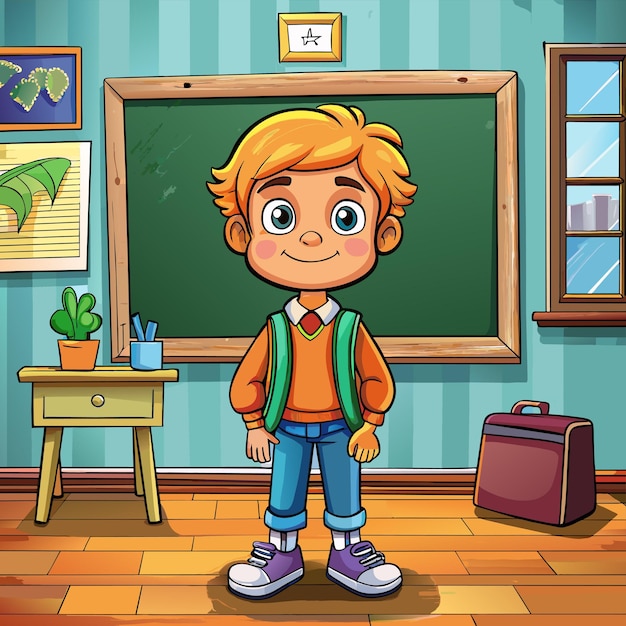 Вектор Мультфильм мальчика перед доской с изображением мальчика в куртке и джинсах