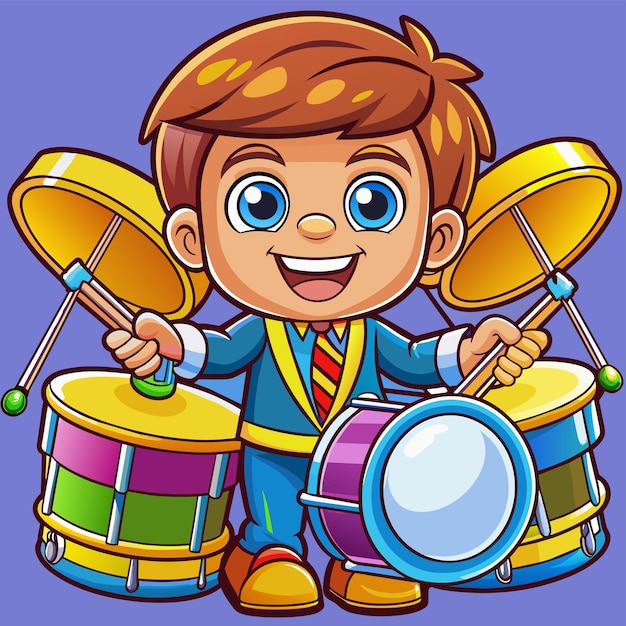 Вектор Мультфильм мальчика, играющего на барабанах с голубым фоном