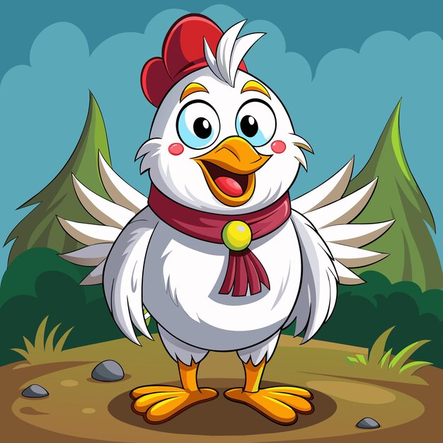 Вектор Мультфильм курицы с красной головой и небесно-голубым фоном