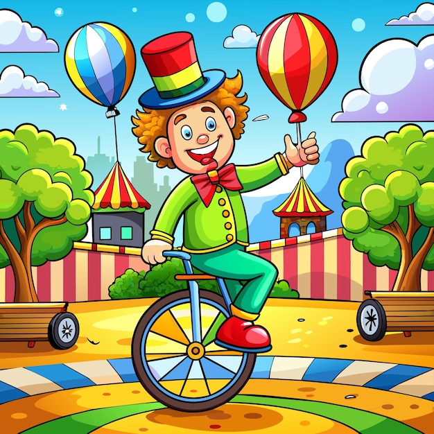 Вектор Мультфильм с клоуном на велосипеде с воздушными шарами на заднем плане