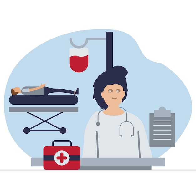 Вектор Карикатура на врача с красным крестом на груди рядом с медицинской сумкой.