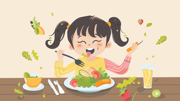 ベクトル ナイフとフォークで野菜を食べている女の子の漫画