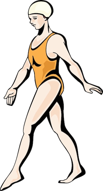 '나는 여자야'라고 적힌 흑백 로고가 있는 노란색 수영복을 입은 소녀의 만화