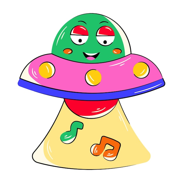 벡터 분홍색과 빨간색 외계인 우주선을 가진 녹색 외계인의 만화.