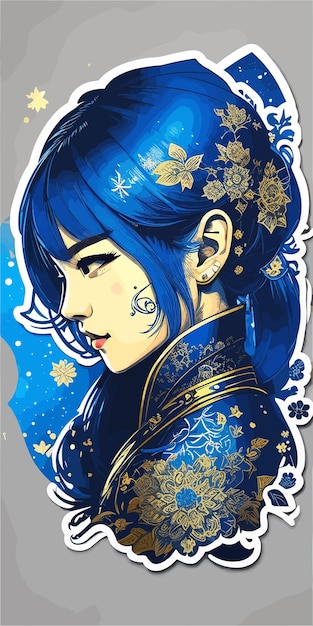 ベクトル 青い髪と顔に金の花を持つ女性の漫画。