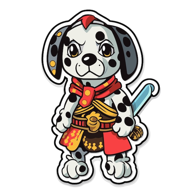 Мультфильм самурай далматинская собака дизайн иллюстрации наклейки вектор
