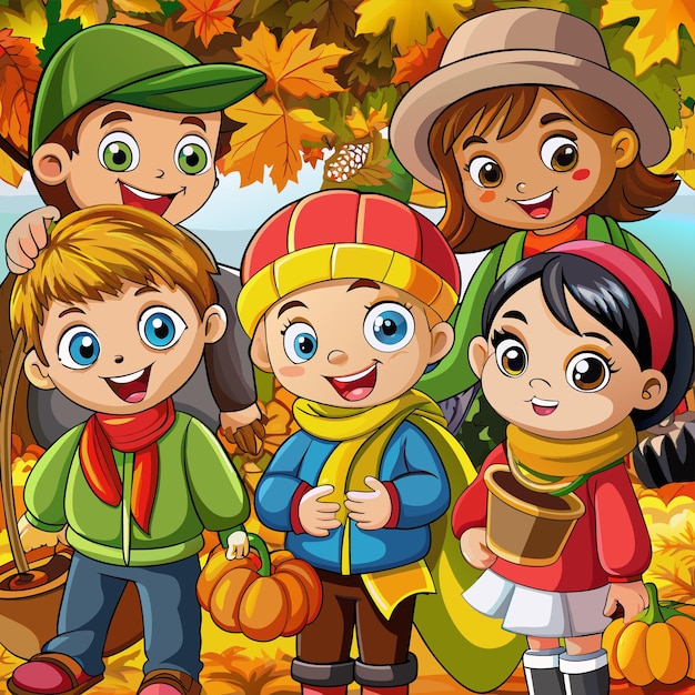 Вектор Мультфильм с детьми с группой детей в лесу
