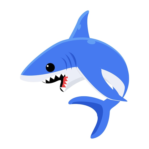Мультяшная акула с острыми зубами на белом фоне.