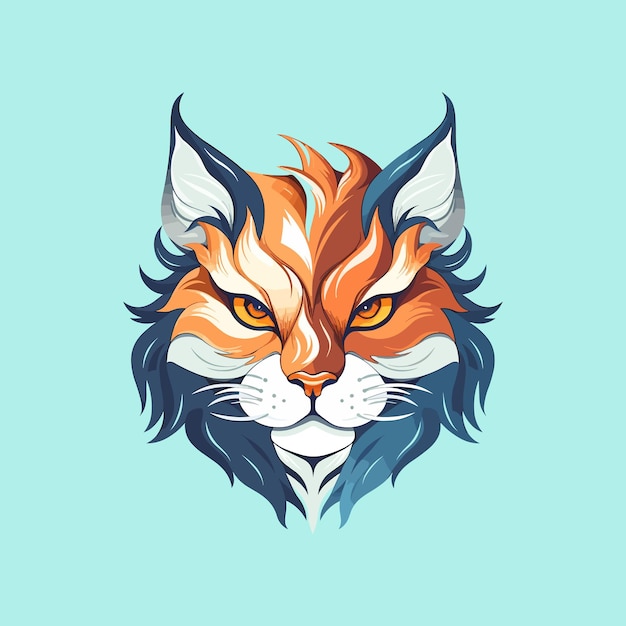 青い背景とオレンジ色の猫の頭を持つ猫。