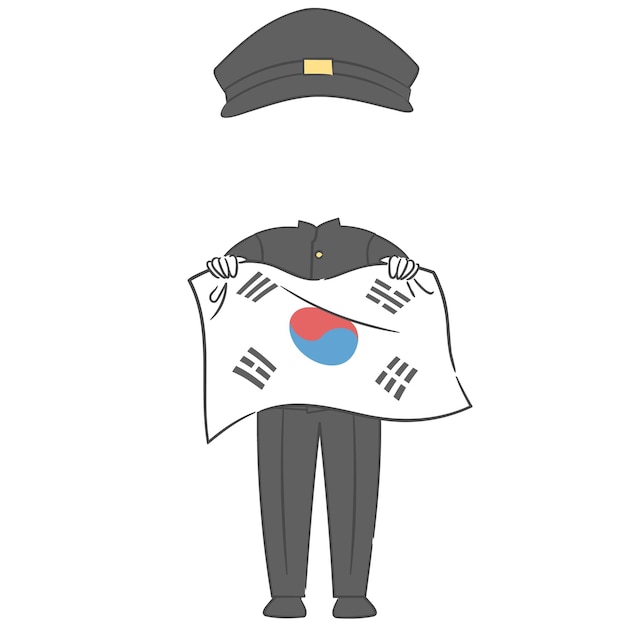 벡터 옛 한국 의 옷 을 입은 인물 이 얼굴 을 어 놓은 국기 를 들고 있다