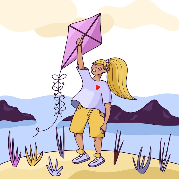 ベクトル 陽気な女の子が漫画のスタイルで彼女の手に凧を持って山に立っています
