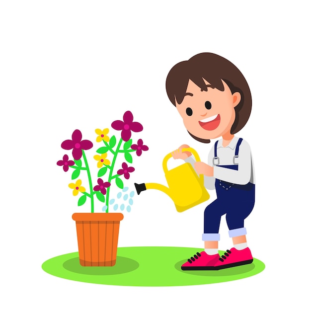 陽気な少女が花に水をやる