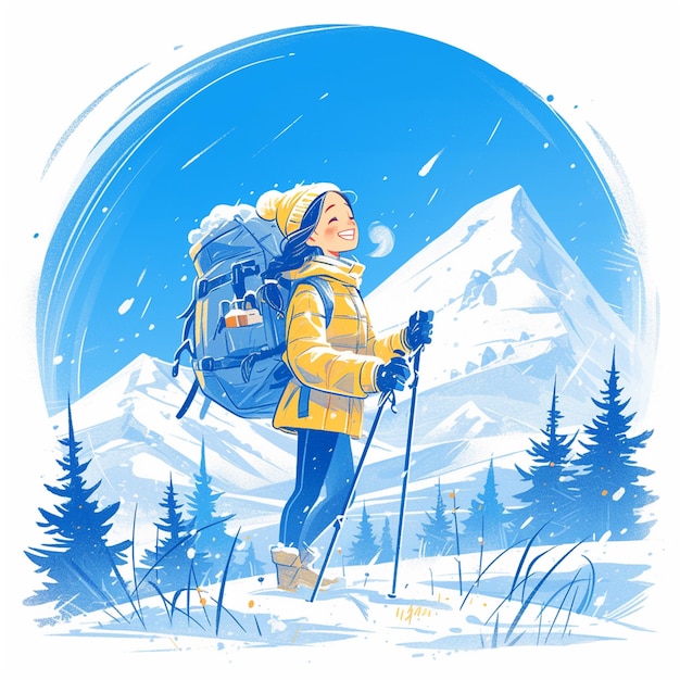 Вектор Девушка из чесапика ходит на снегоходах в стиле мультфильмов.