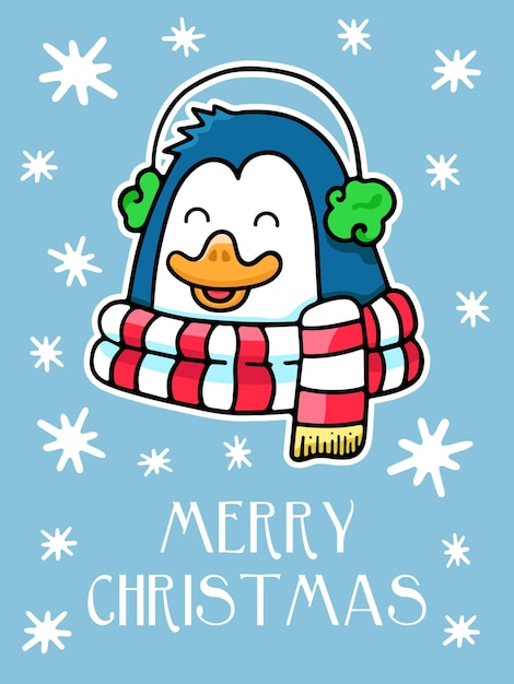 벡터 손으로 그린 낙서 스타일의 귀여운 펭귄이 있는 크리스마스 카드