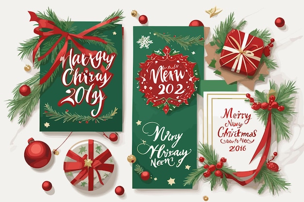 Рождественская открытка с красно-зеленым венком и красно-белая открытка с рождественским венком.