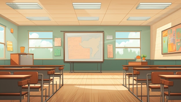 ベクトル 壁に世界地図を掲げた教室と壁に地図の掲げた板
