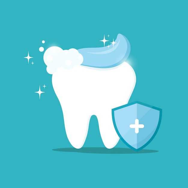 치약이 있는 깨끗하고 건강한 치아, 치과 구강 위생을 위한 보호 방패 그림