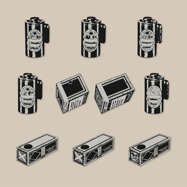 벡터 버드와이저 캔과 맥주 캔의 컬렉션 오래된 아날로그 필름 카메라 사진 사진 레트로 로고