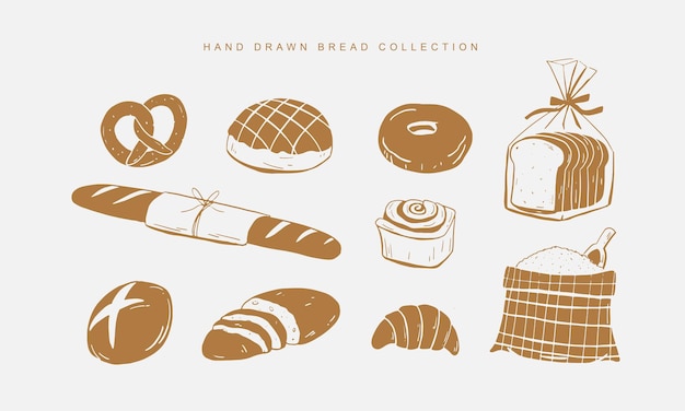 Коллекция рисованных иллюстраций хлеба и выпечки.