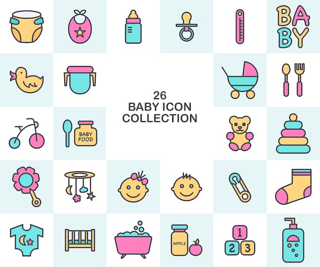Вектор Коллекция иконок для детских иконок, включая младенца и соску.