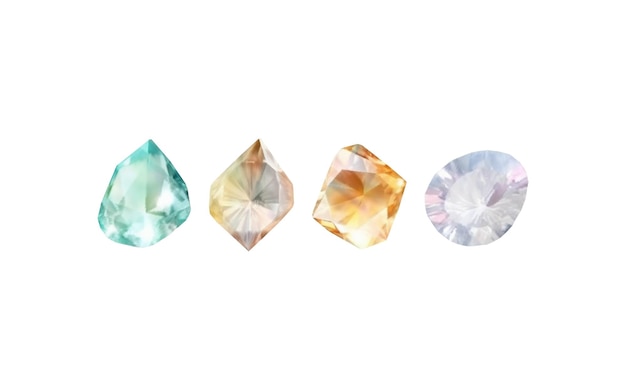 벡터 다양한 기하학적 모양 색상 및 크기의 다이아몬드 이미지 모음 빛을 반사하는 다양한 음영이 있는 유리 광택 크리스탈글로우 보석 또는 다채로운 얼음의 벡터 현실적인 세트