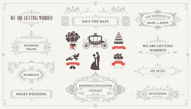 ベクトル カップルの写真と日付を保存する言葉が入った結婚式招待状のコレクション。