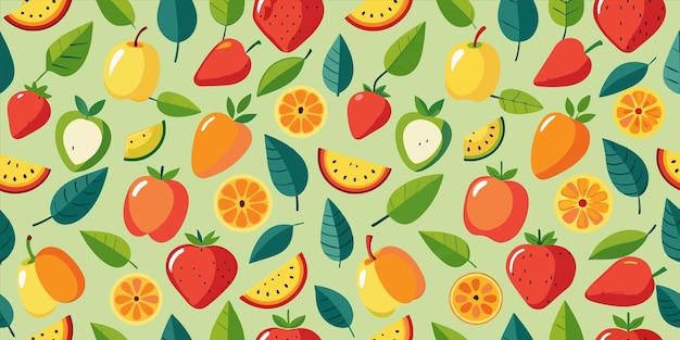 과일과 잎과 과일의 그림이 있는 다채로운 배경