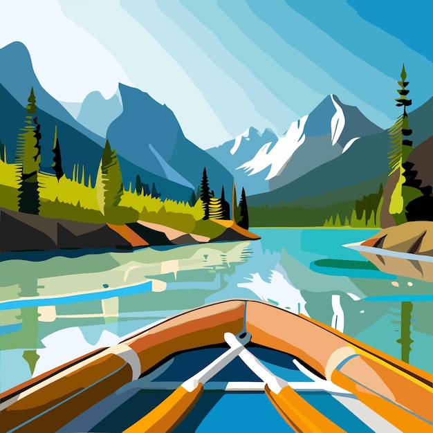 Вектор Красочная иллюстрация каноэ на озере с горами на заднем плане.