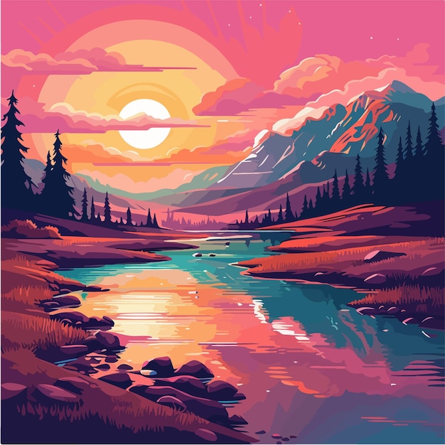벡터 백그라운드에서 산들과 강의 다채로운 그림.